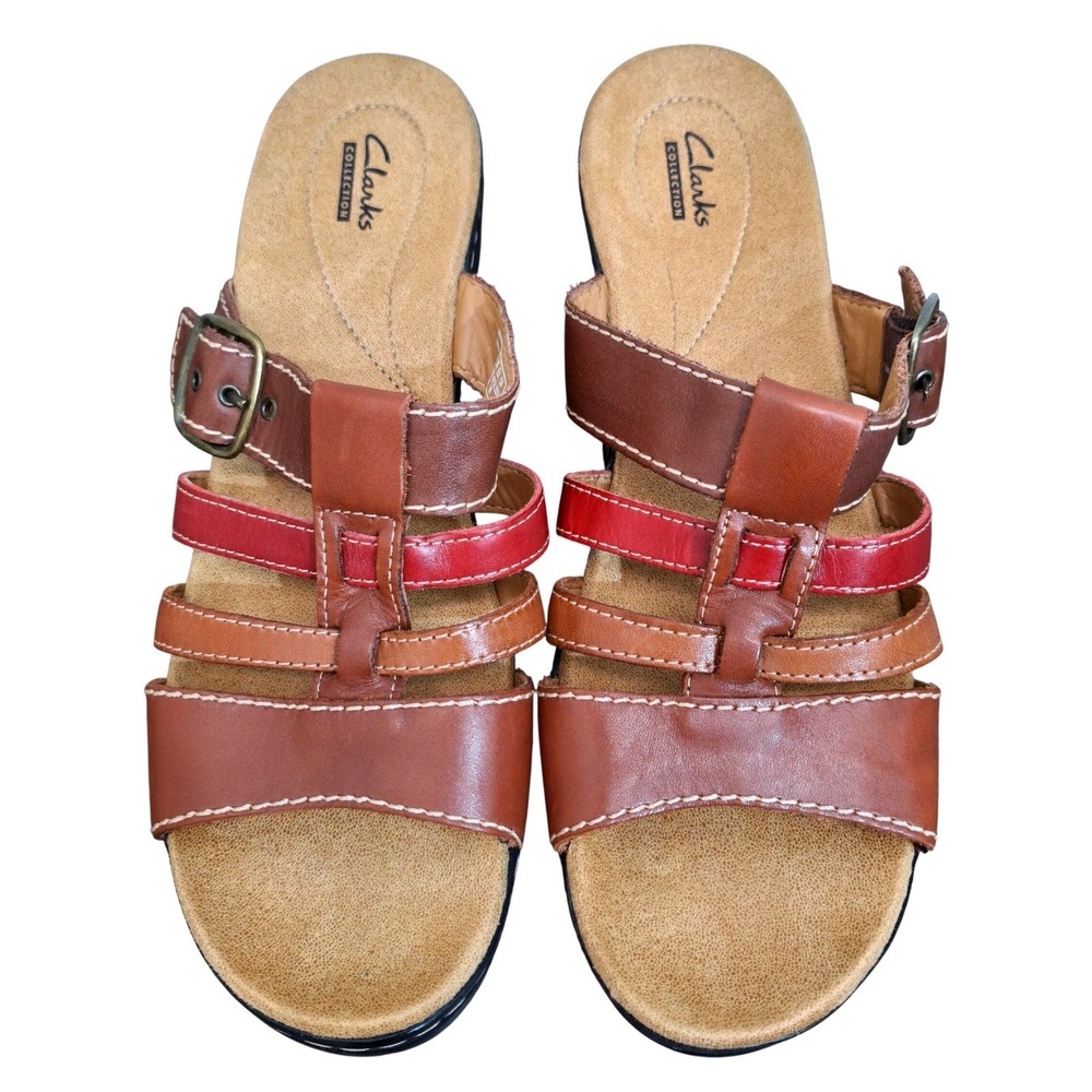 Clarks Brown and Red Leather Multi-Strap Slide Sandals